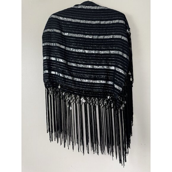 Womens Black Silver Striped Gypsy Scarf Wrap Coin Fringe Whimsigoth Belly Dancer - Picture 4 of 9